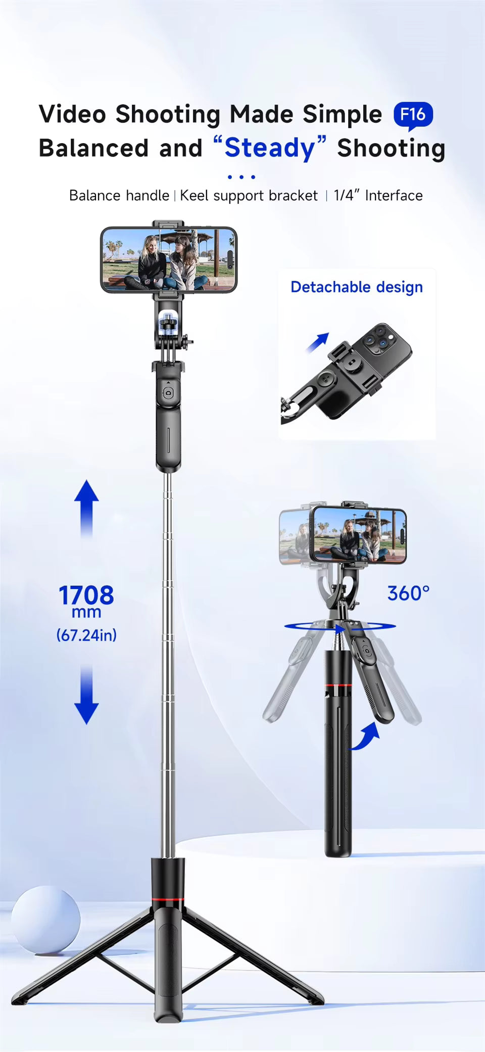MEUYAG Selfie Stick Tripod with Bluetooth Remote & Fill Light – 1708mm Long, 360° Rotation, Phone Holder