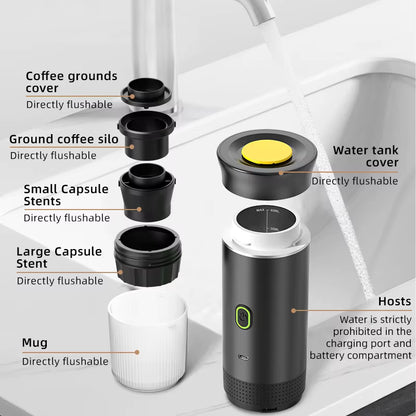 "Portable 3-in-1 Espresso Coffee Maker – Travel, Car & Home Use | Compatible with Capsules & Ground Coffee"
