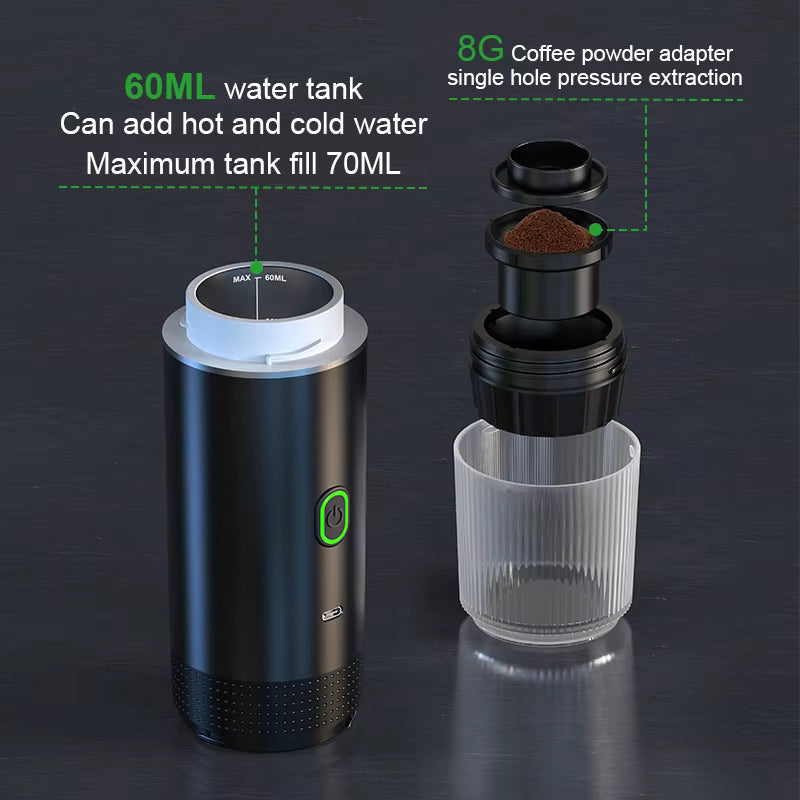 "Portable 3-in-1 Espresso Coffee Maker – Travel, Car & Home Use | Compatible with Capsules & Ground Coffee"