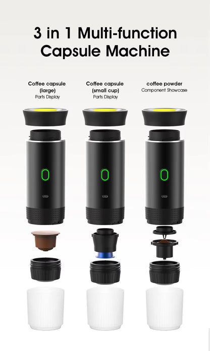 "Portable 3-in-1 Espresso Coffee Maker – Travel, Car & Home Use | Compatible with Capsules & Ground Coffee"